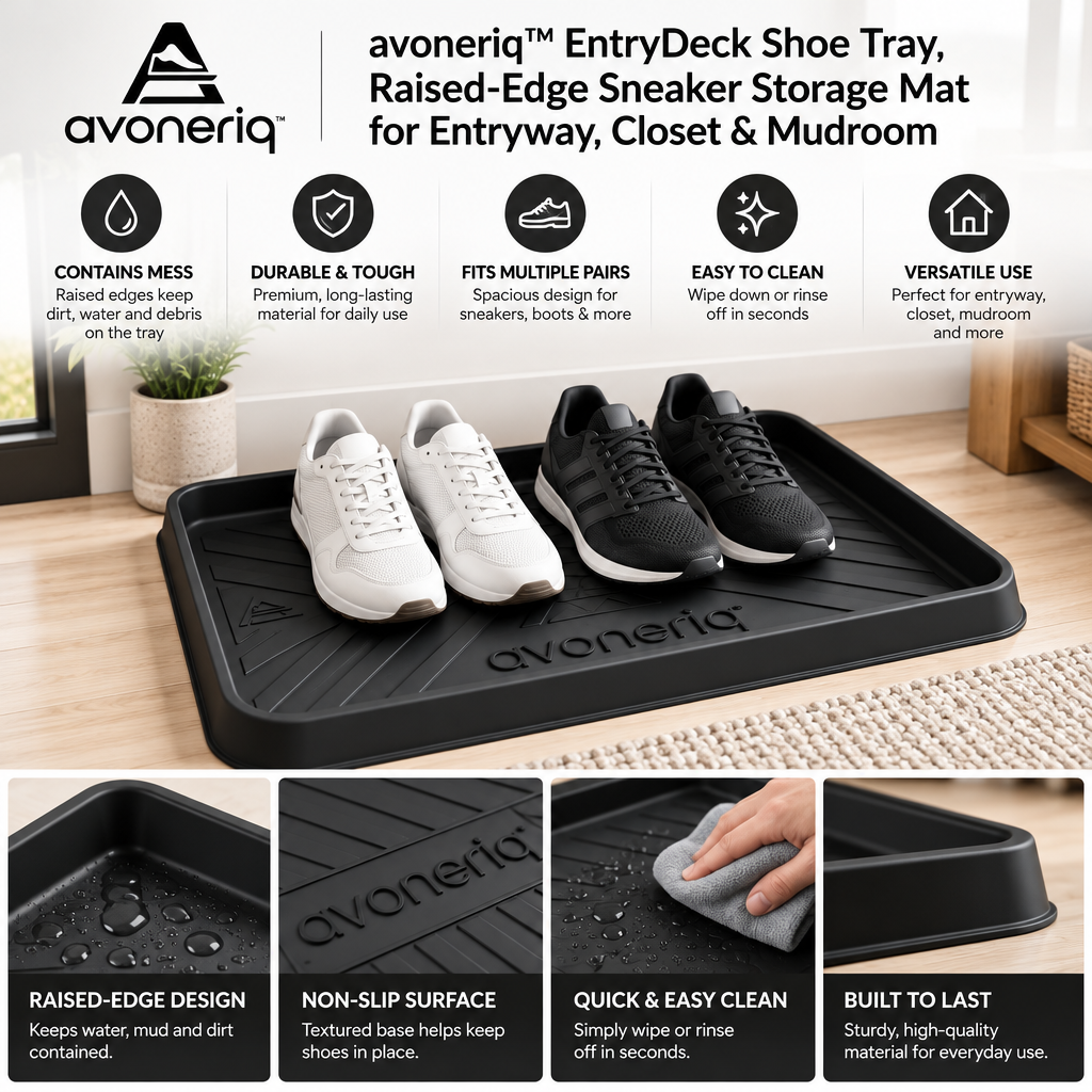 avoneriq™ EntryDeck Shoe Tray, Raised-Edge Sneaker Storage Mat for Entryway, Closet & Mudroom