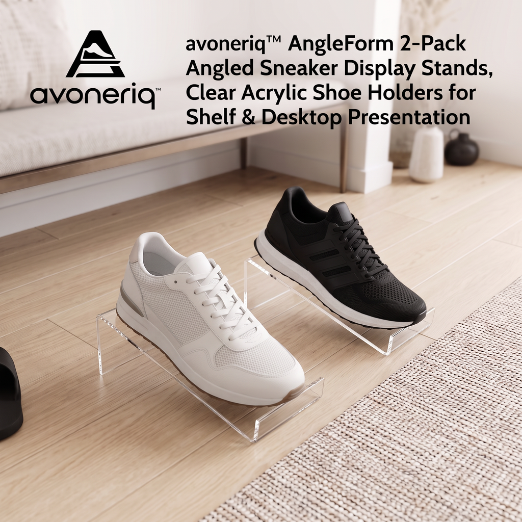 avoneriq™ AngleForm 2-Pack Angled Sneaker Display Stands, Clear Acrylic Shoe Holders for Shelf & Desktop Presentation