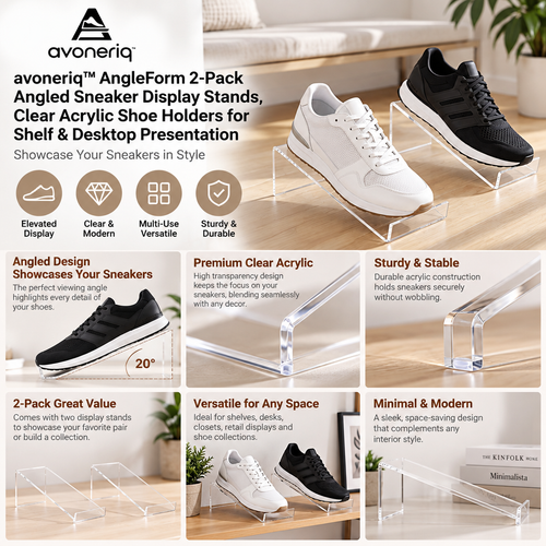 avoneriq™ AngleForm 2-Pack Angled Sneaker Display Stands, Clear Acrylic Shoe Holders for Shelf & Desktop Presentation