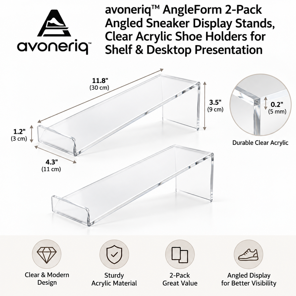 avoneriq™ AngleForm 2-Pack Angled Sneaker Display Stands, Clear Acrylic Shoe Holders for Shelf & Desktop Presentation