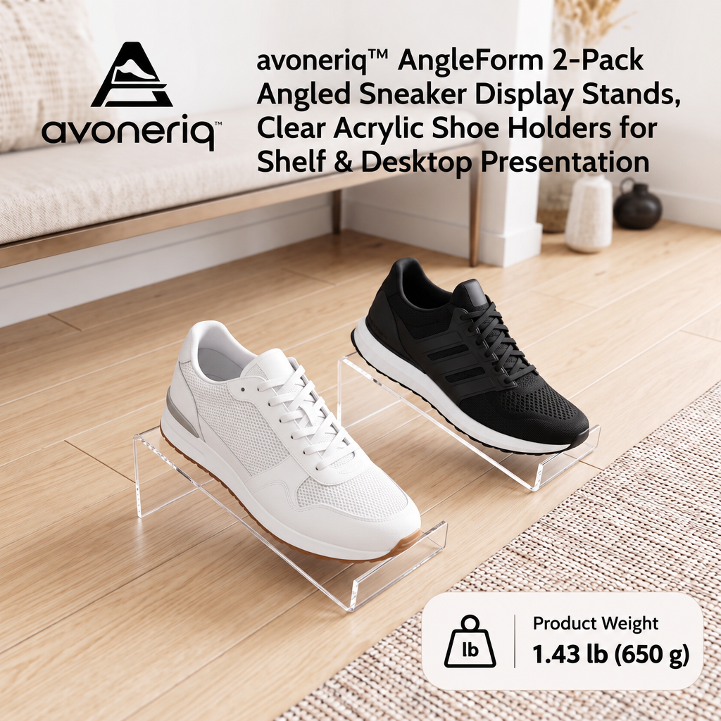 avoneriq™ AngleForm 2-Pack Angled Sneaker Display Stands, Clear Acrylic Shoe Holders for Shelf & Desktop Presentation