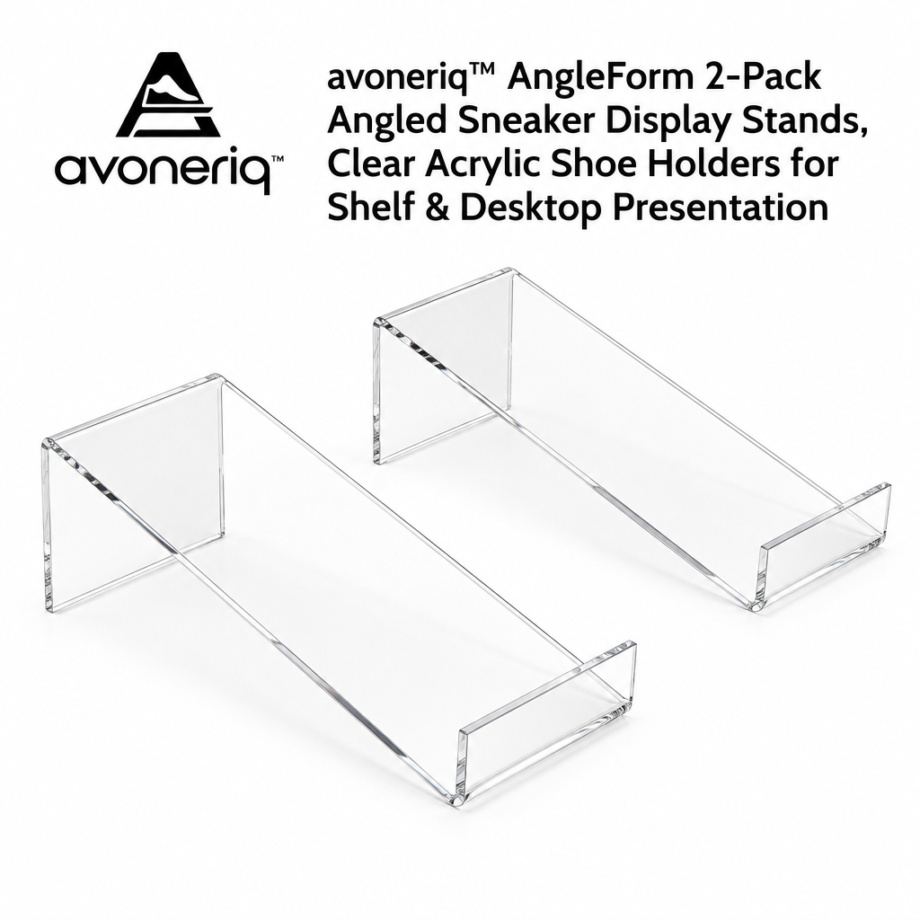 avoneriq™ AngleForm 2-Pack Angled Sneaker Display Stands, Clear Acrylic Shoe Holders for Shelf & Desktop Presentation
