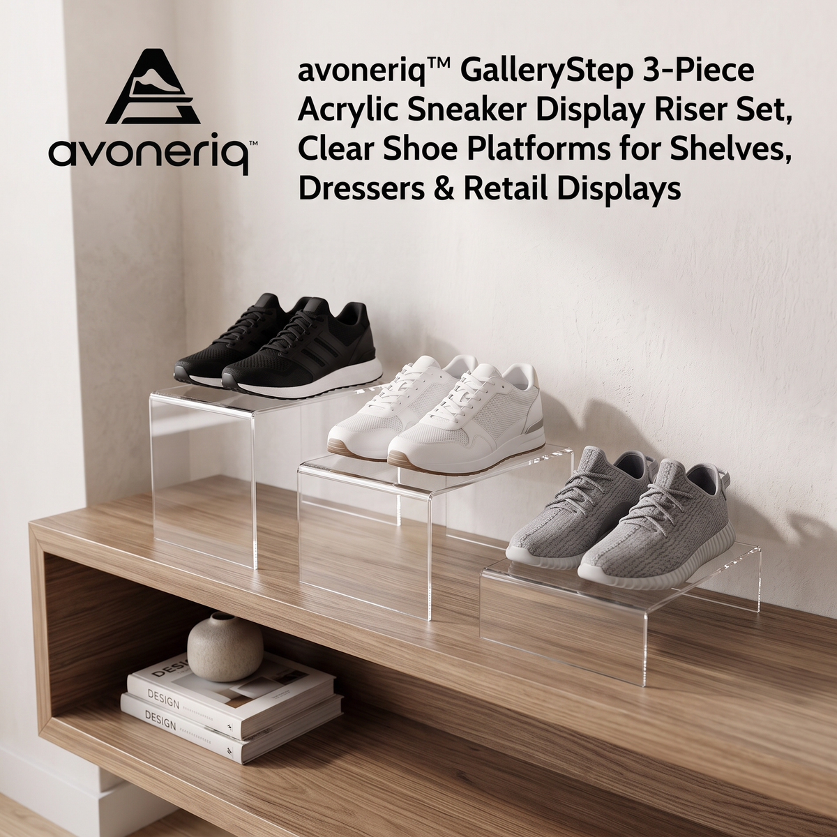 avoneriq™ GalleryStep 3-Piece Acrylic Sneaker Display Riser Set, Clear Shoe Platforms for Shelves, Dressers & Retail Displays
