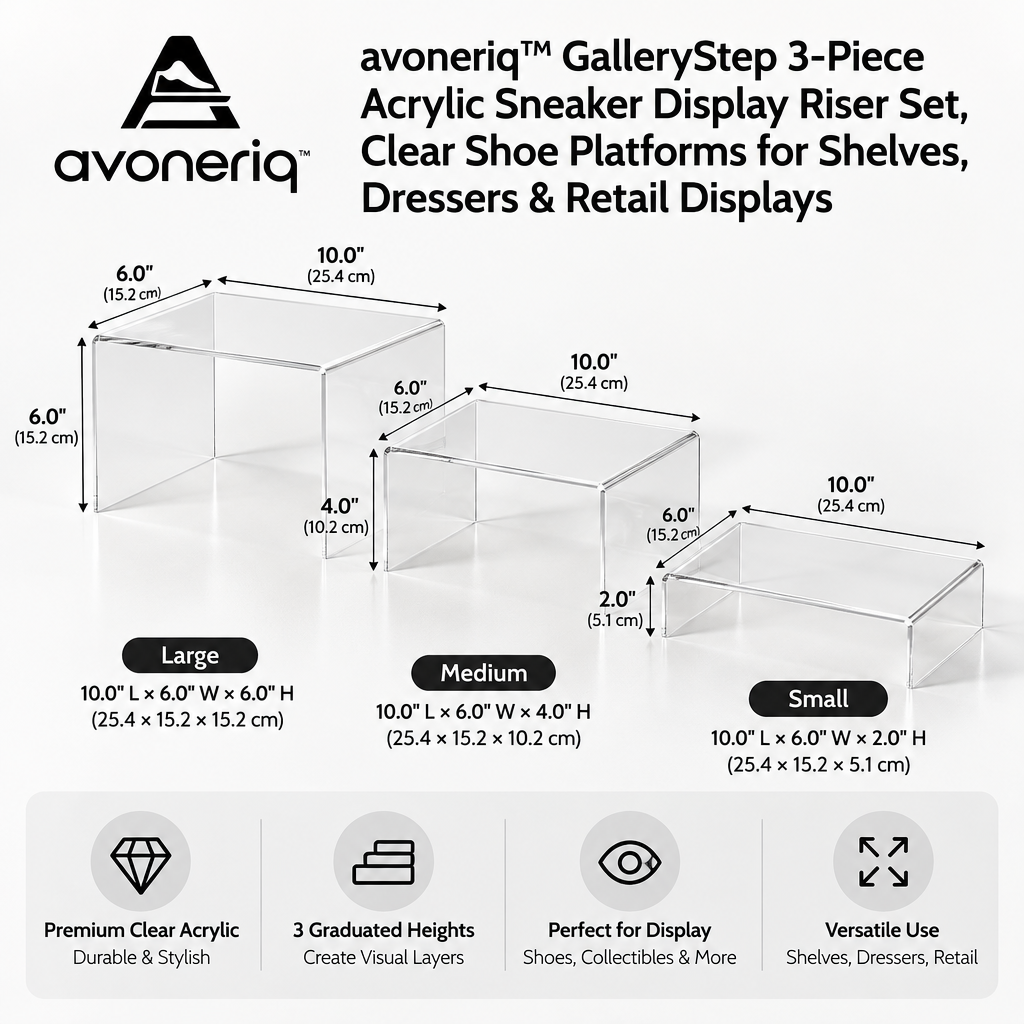 avoneriq™ GalleryStep 3-Piece Acrylic Sneaker Display Riser Set, Clear Shoe Platforms for Shelves, Dressers & Retail Displays