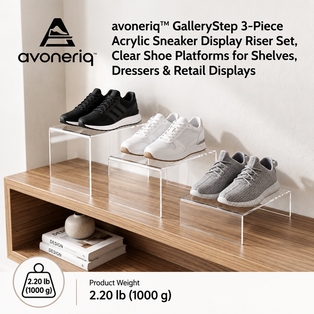 avoneriq™ GalleryStep 3-Piece Acrylic Sneaker Display Riser Set, Clear Shoe Platforms for Shelves, Dressers & Retail Displays