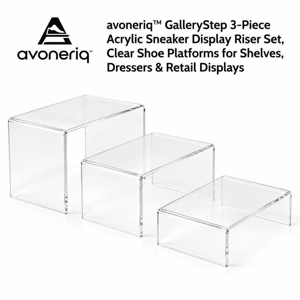 avoneriq™ GalleryStep 3-Piece Acrylic Sneaker Display Riser Set, Clear Shoe Platforms for Shelves, Dressers & Retail Displays