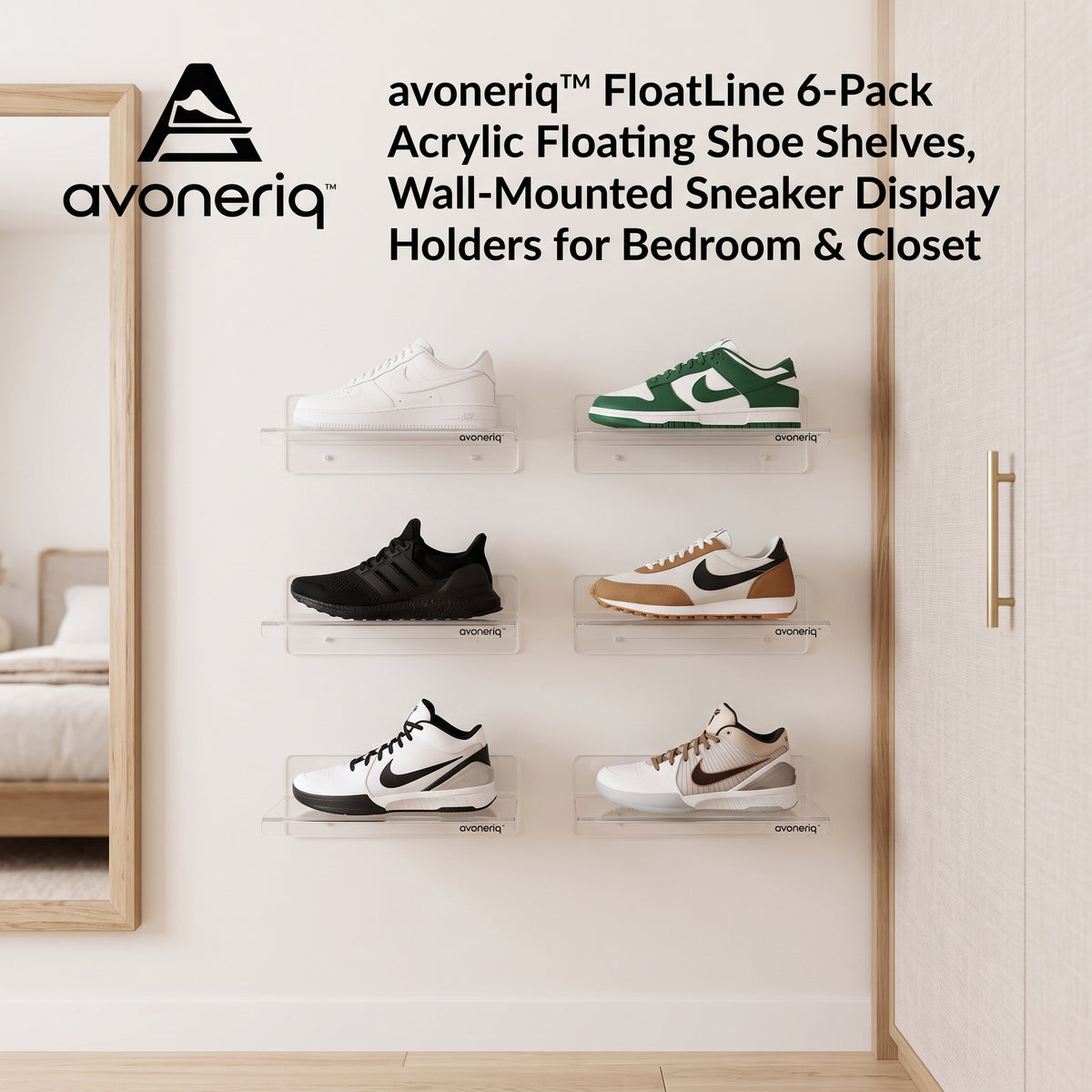 avoneriq™ FloatLine 6-Pack Acrylic Floating Shoe Shelves, Wall-Mounted Sneaker Display Holders for Bedroom & Closet