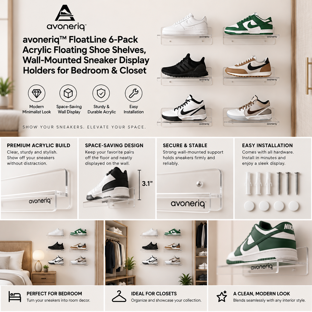 avoneriq™ FloatLine 6-Pack Acrylic Floating Shoe Shelves, Wall-Mounted Sneaker Display Holders for Bedroom & Closet
