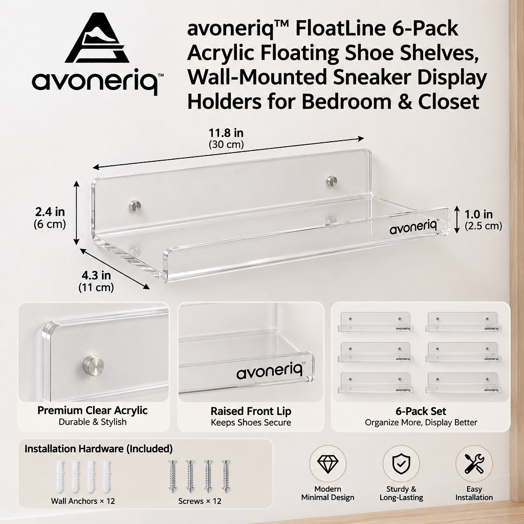avoneriq™ FloatLine 6-Pack Acrylic Floating Shoe Shelves, Wall-Mounted Sneaker Display Holders for Bedroom & Closet