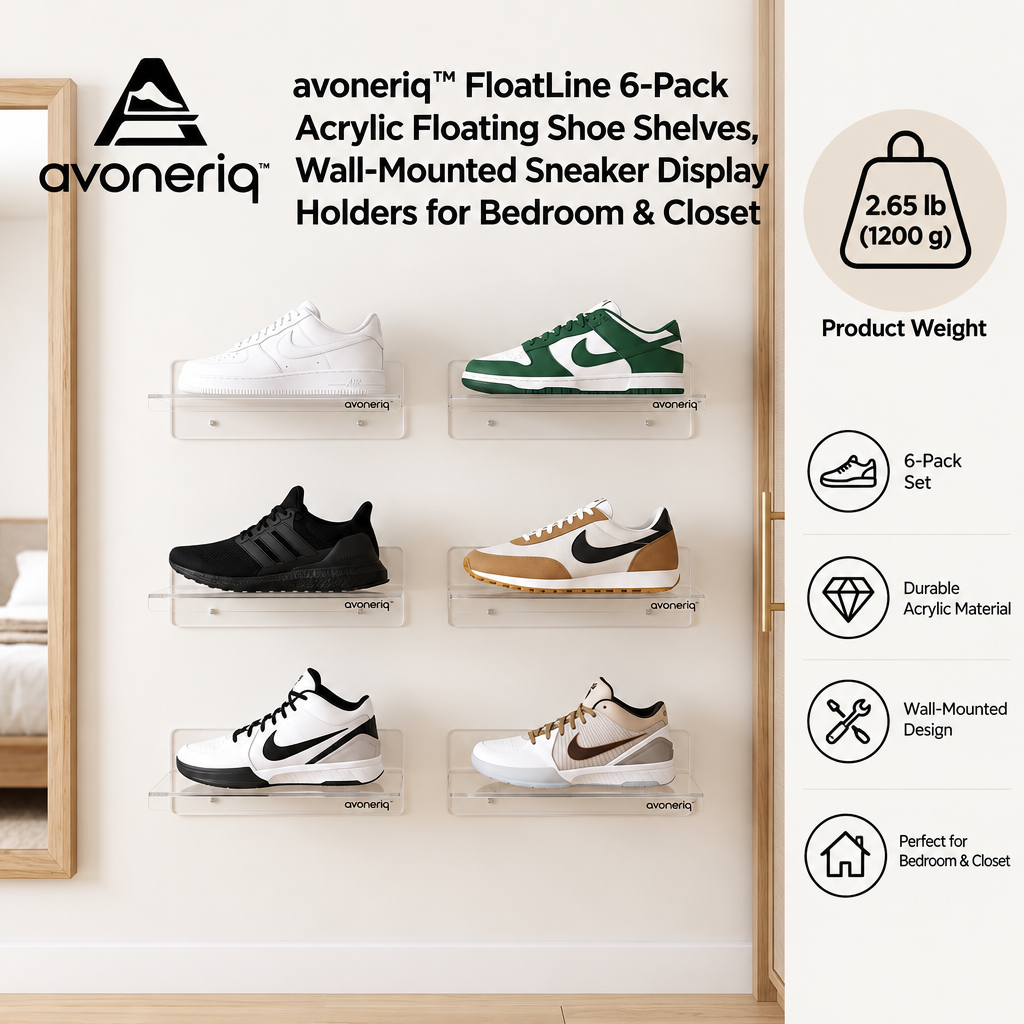avoneriq™ FloatLine 6-Pack Acrylic Floating Shoe Shelves, Wall-Mounted Sneaker Display Holders for Bedroom & Closet