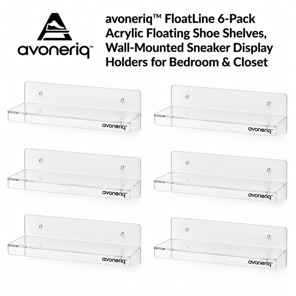 avoneriq™ FloatLine 6-Pack Acrylic Floating Shoe Shelves, Wall-Mounted Sneaker Display Holders for Bedroom & Closet