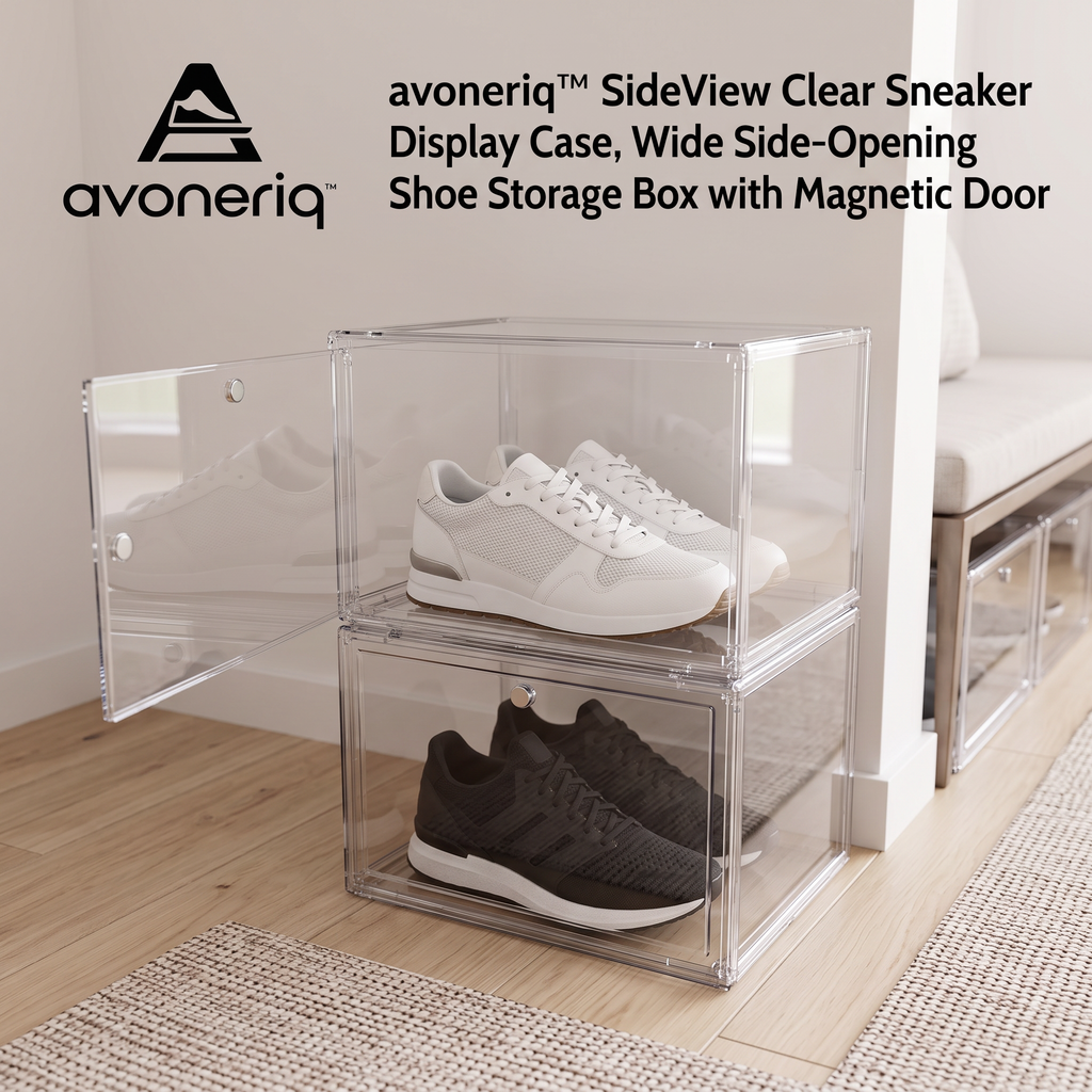avoneriq™ SideView Clear Sneaker Display Case, Wide Side-Opening Shoe Storage Box with Magnetic Door