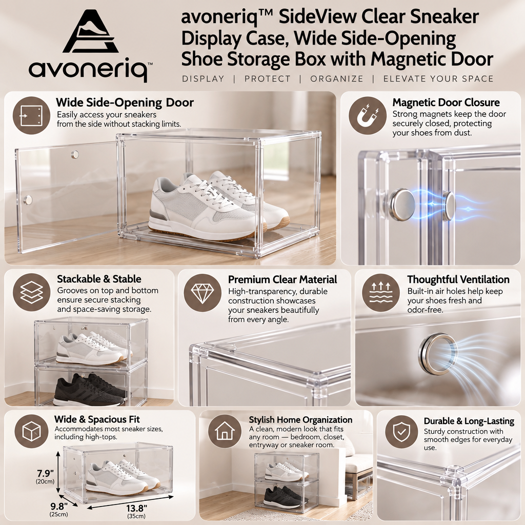 avoneriq™ SideView Clear Sneaker Display Case, Wide Side-Opening Shoe Storage Box with Magnetic Door