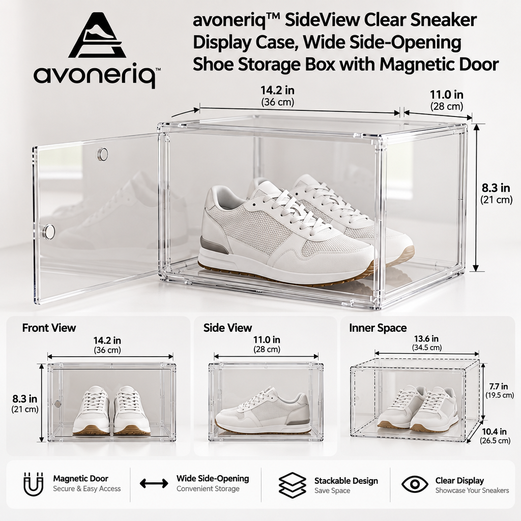 avoneriq™ SideView Clear Sneaker Display Case, Wide Side-Opening Shoe Storage Box with Magnetic Door