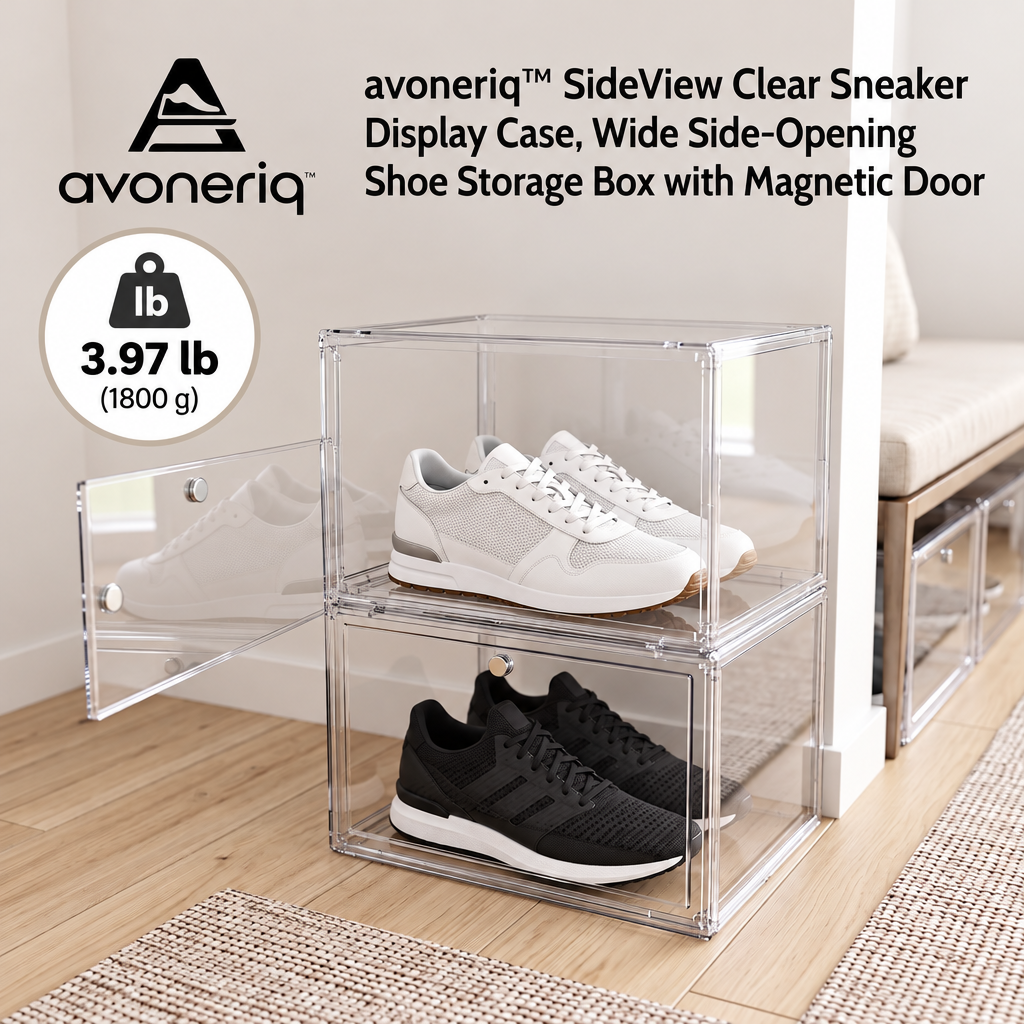 avoneriq™ SideView Clear Sneaker Display Case, Wide Side-Opening Shoe Storage Box with Magnetic Door
