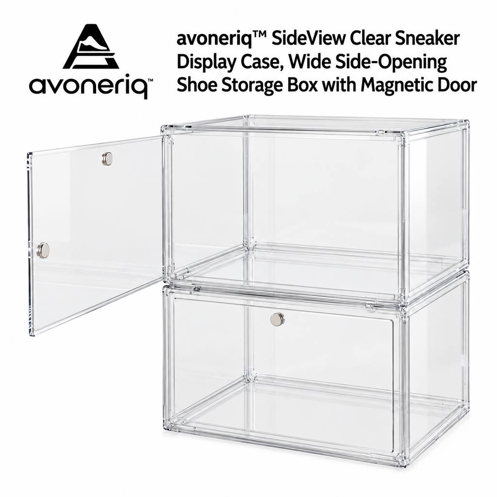 avoneriq™ SideView Clear Sneaker Display Case, Wide Side-Opening Shoe Storage Box with Magnetic Door