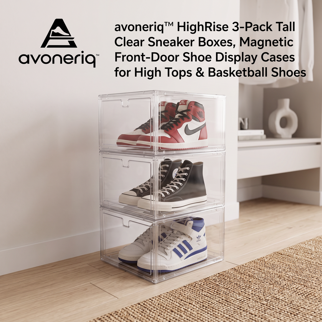 avoneriq™ HighRise 3-Pack Tall Clear Sneaker Boxes, Magnetic Front-Door Shoe Display Cases for High Tops & Basketball Shoes