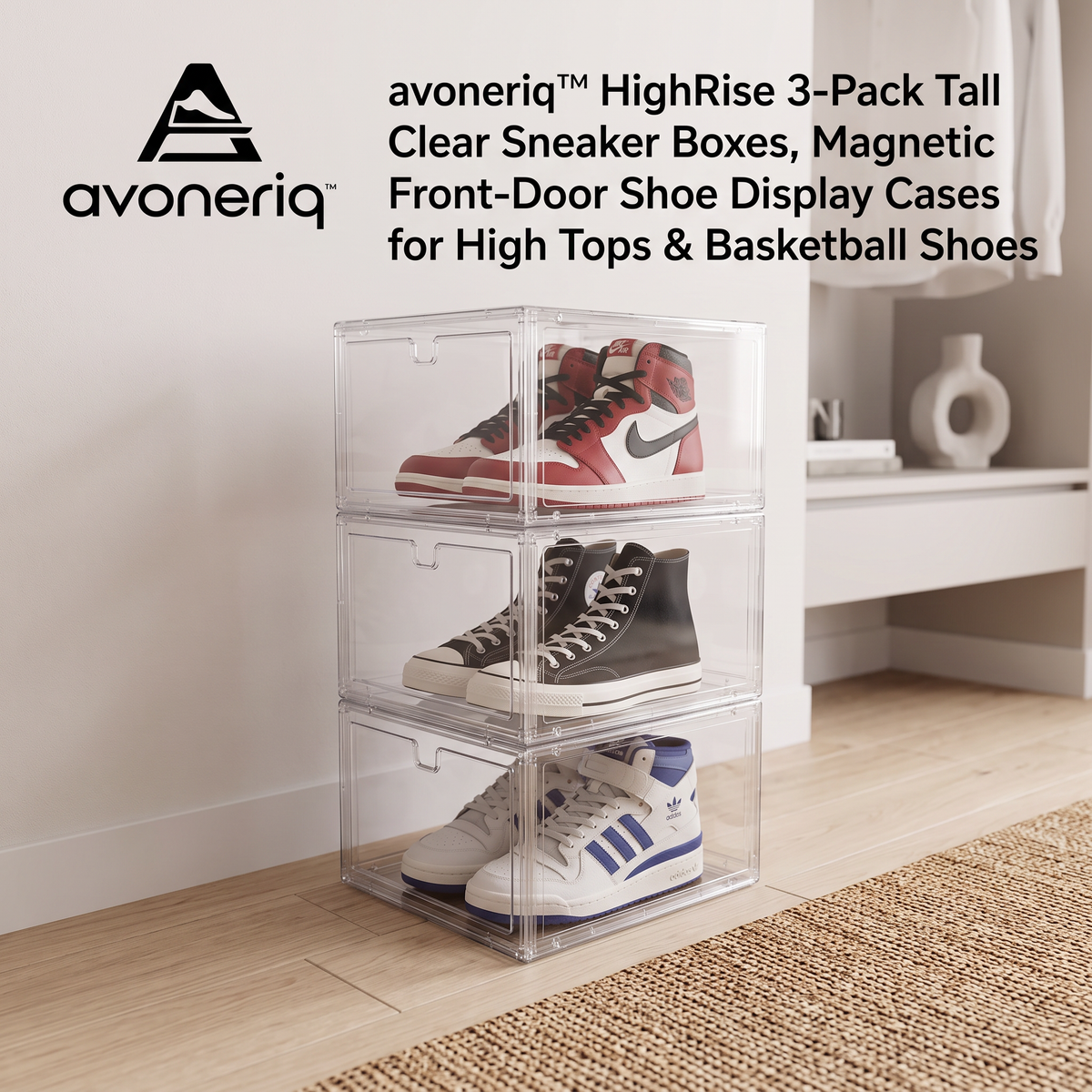 avoneriq™ HighRise 3-Pack Tall Clear Sneaker Boxes, Magnetic Front-Door Shoe Display Cases for High Tops & Basketball Shoes