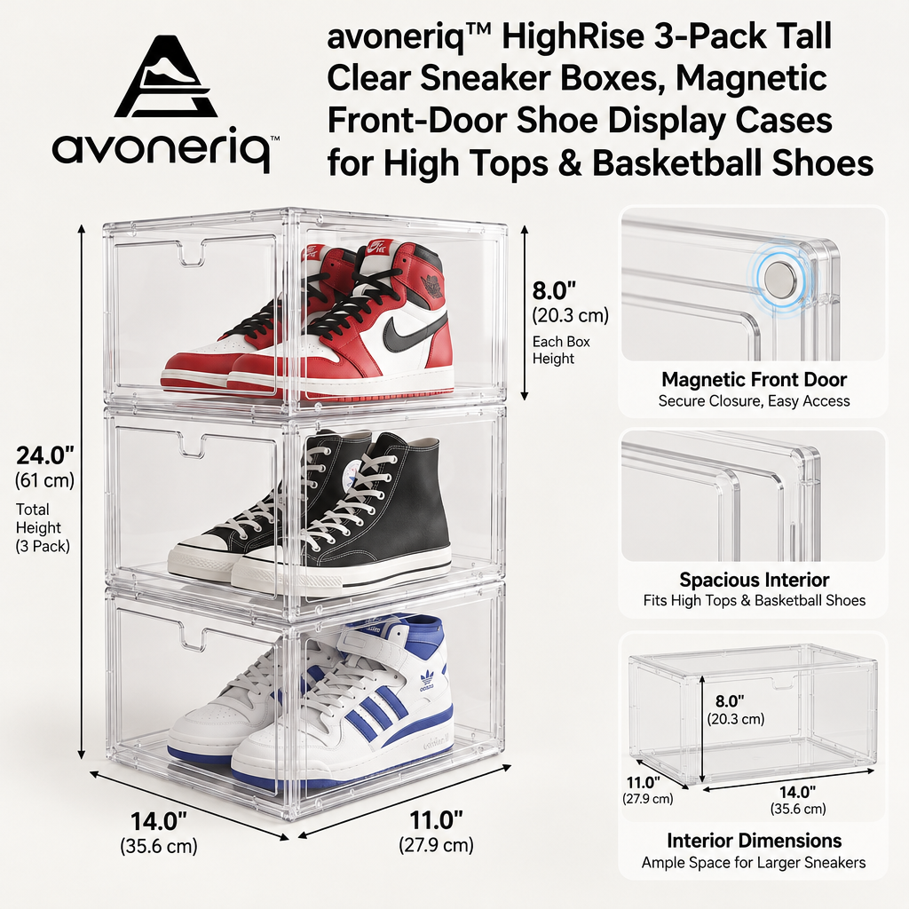 avoneriq™ HighRise 3-Pack Tall Clear Sneaker Boxes, Magnetic Front-Door Shoe Display Cases for High Tops & Basketball Shoes