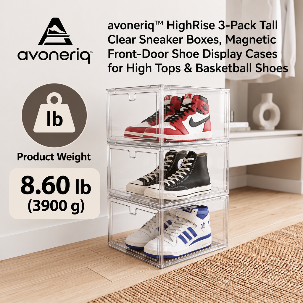 avoneriq™ HighRise 3-Pack Tall Clear Sneaker Boxes, Magnetic Front-Door Shoe Display Cases for High Tops & Basketball Shoes