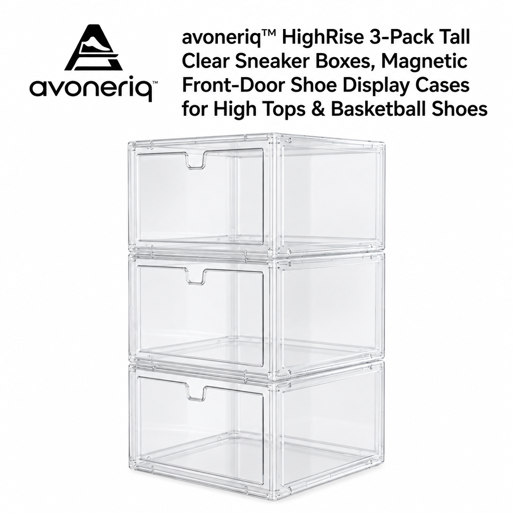 avoneriq™ HighRise 3-Pack Tall Clear Sneaker Boxes, Magnetic Front-Door Shoe Display Cases for High Tops & Basketball Shoes