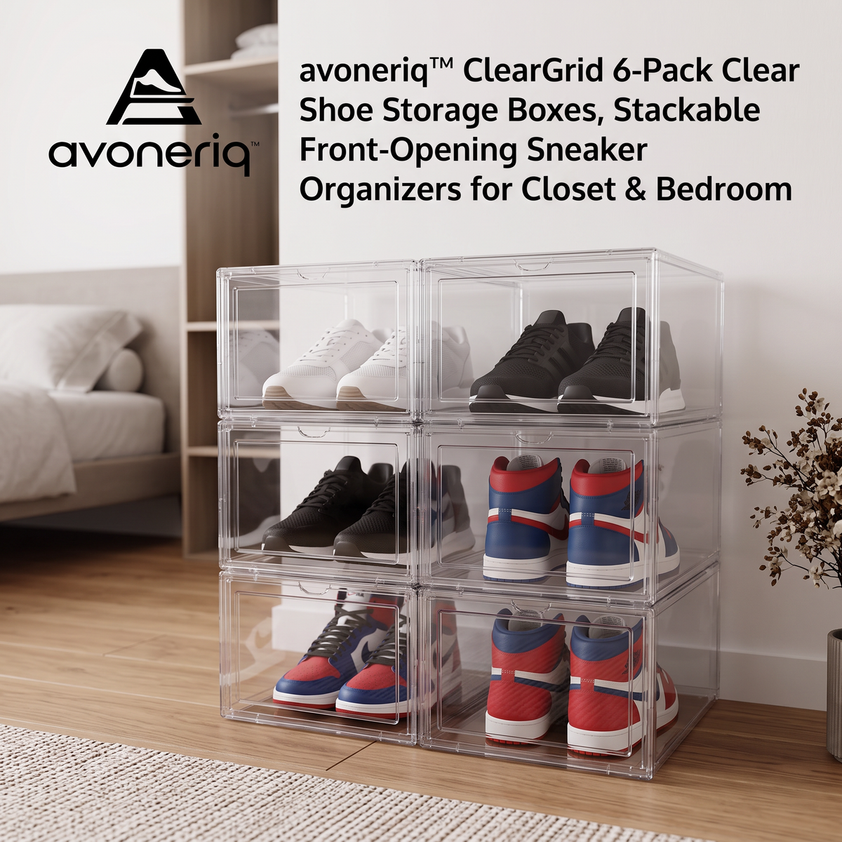 avoneriq™ ClearGrid 6-Pack Clear Shoe Storage Boxes, Stackable Front-Opening Sneaker Organizers for Closet & Bedroom