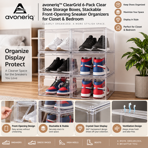 avoneriq™ ClearGrid 6-Pack Clear Shoe Storage Boxes, Stackable Front-Opening Sneaker Organizers for Closet & Bedroom