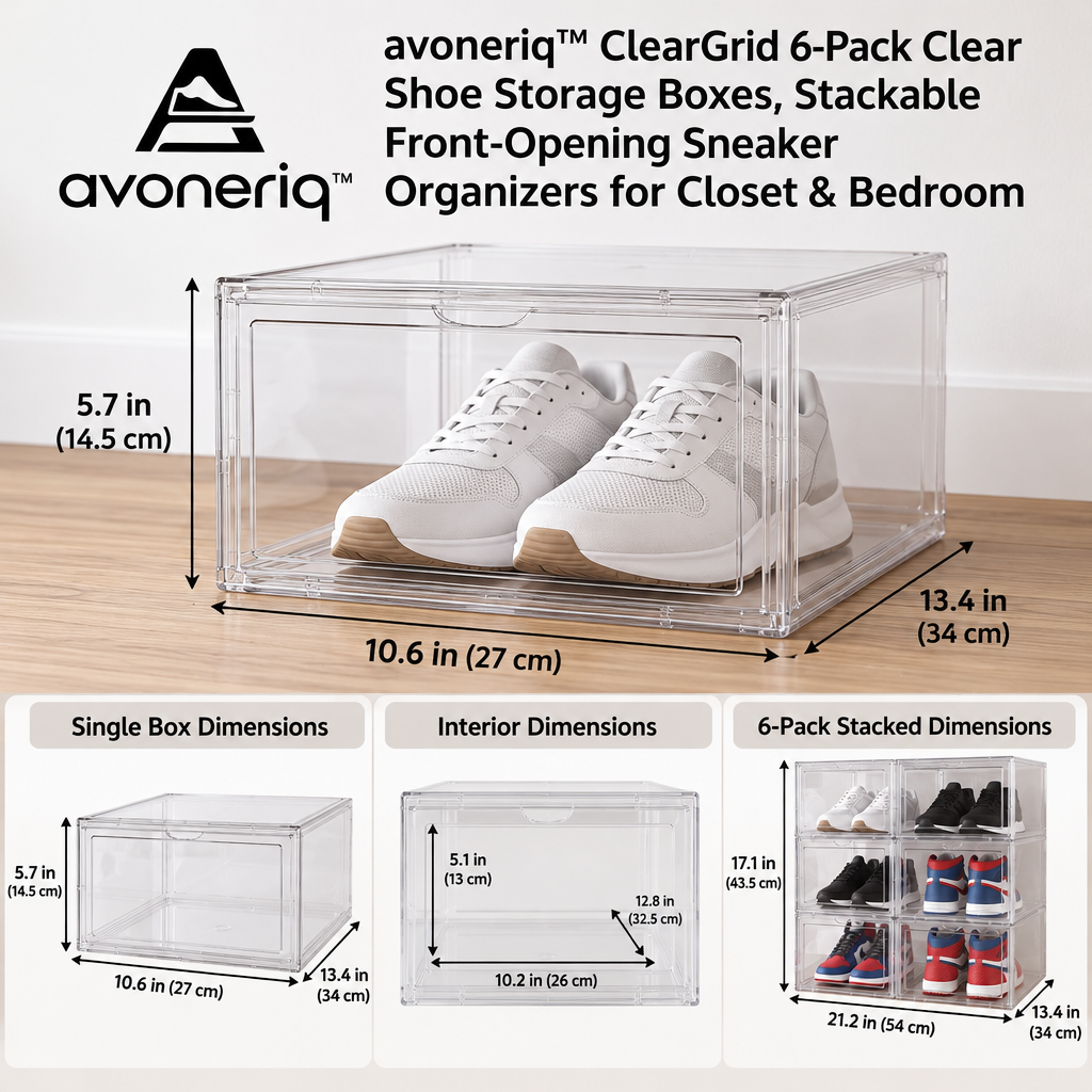 avoneriq™ ClearGrid 6-Pack Clear Shoe Storage Boxes, Stackable Front-Opening Sneaker Organizers for Closet & Bedroom