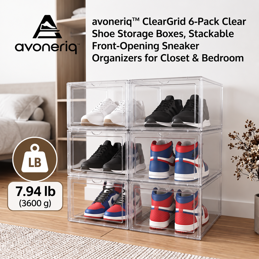 avoneriq™ ClearGrid 6-Pack Clear Shoe Storage Boxes, Stackable Front-Opening Sneaker Organizers for Closet & Bedroom