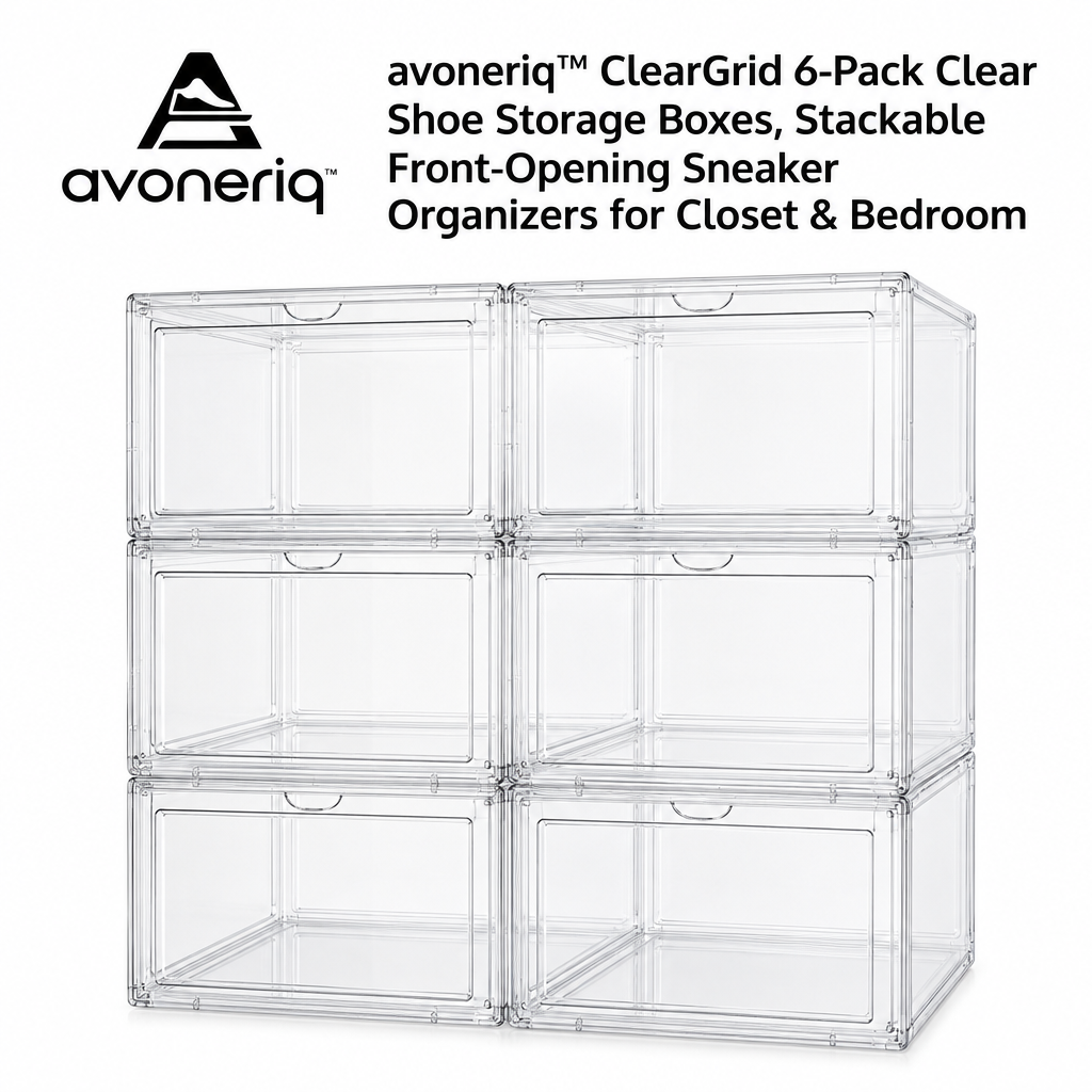 avoneriq™ ClearGrid 6-Pack Clear Shoe Storage Boxes, Stackable Front-Opening Sneaker Organizers for Closet & Bedroom