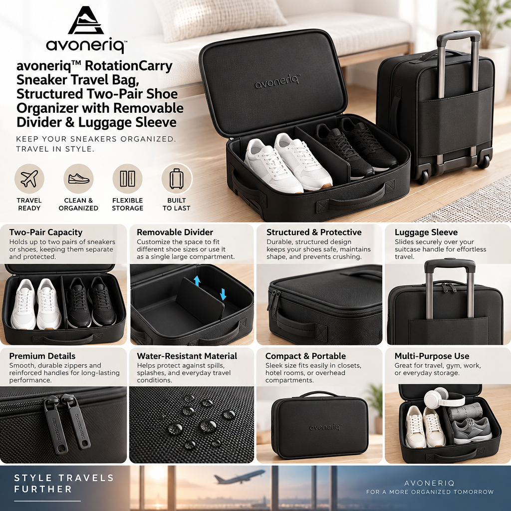 avoneriq™ RotationCarry Sneaker Travel Bag, Structured Two-Pair Shoe Organizer with Removable Divider & Luggage Sleeve