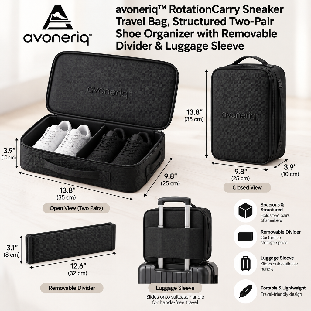 avoneriq™ RotationCarry Sneaker Travel Bag, Structured Two-Pair Shoe Organizer with Removable Divider & Luggage Sleeve