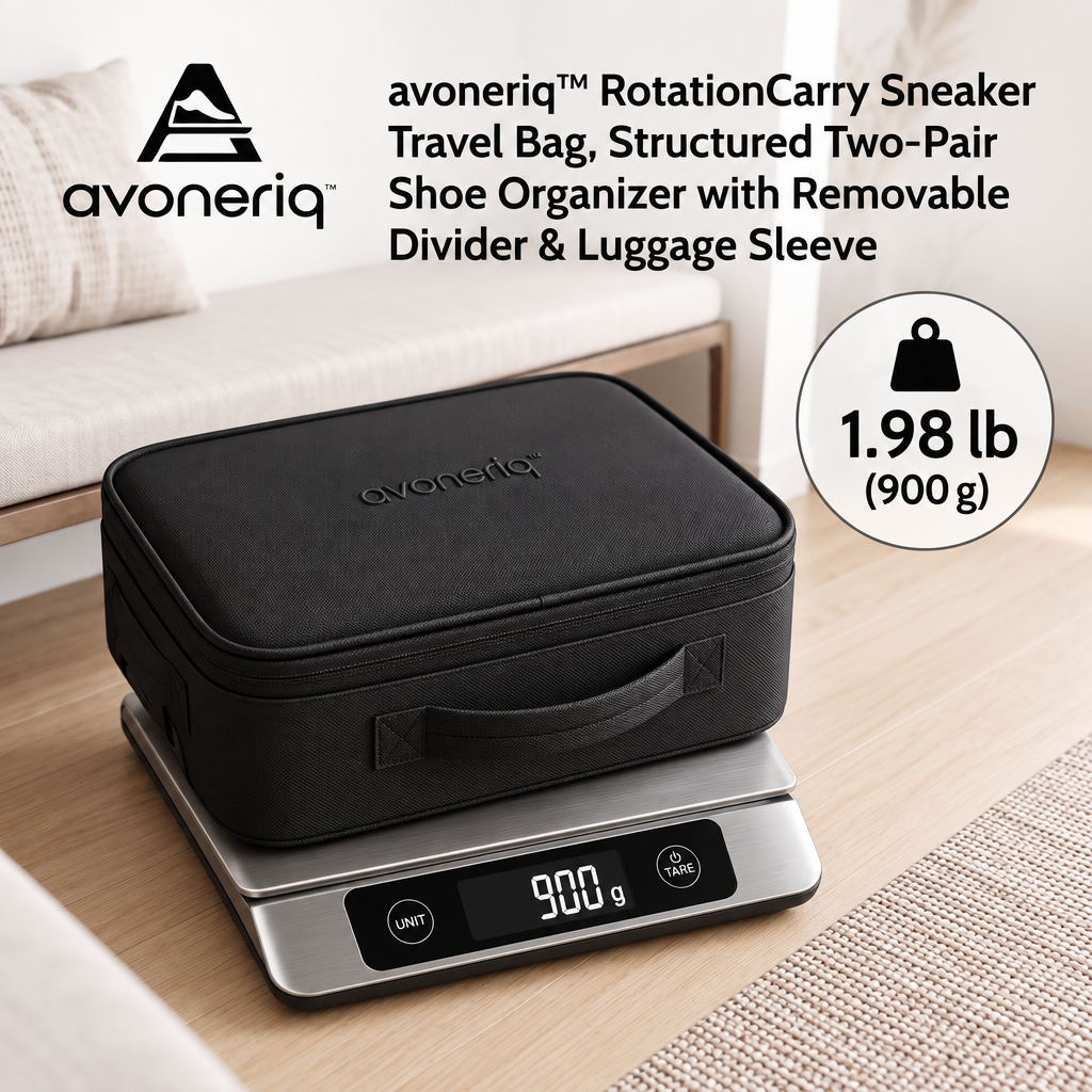 avoneriq™ RotationCarry Sneaker Travel Bag, Structured Two-Pair Shoe Organizer with Removable Divider & Luggage Sleeve