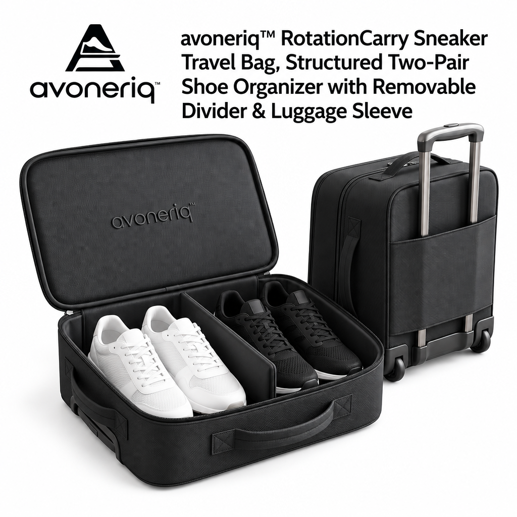 avoneriq™ RotationCarry Sneaker Travel Bag, Structured Two-Pair Shoe Organizer with Removable Divider & Luggage Sleeve