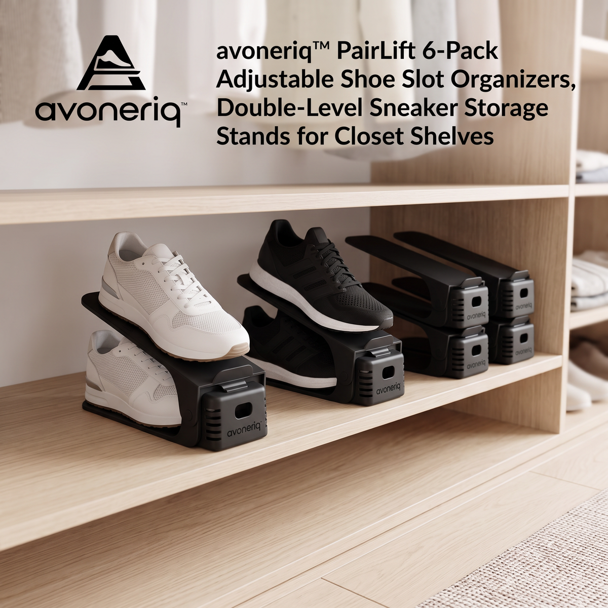 avoneriq™ PairLift 6-Pack Adjustable Shoe Slot Organizers, Double-Level Sneaker Storage Stands for Closet Shelves