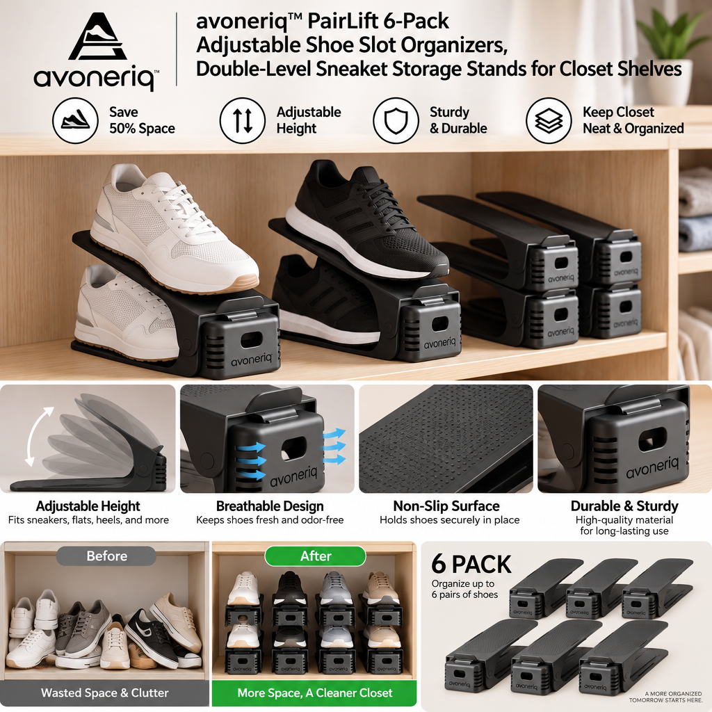 avoneriq™ PairLift 6-Pack Adjustable Shoe Slot Organizers, Double-Level Sneaker Storage Stands for Closet Shelves