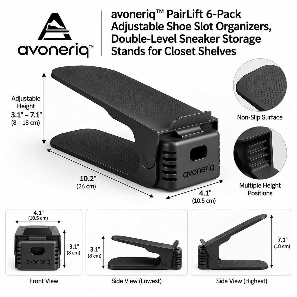 avoneriq™ PairLift 6-Pack Adjustable Shoe Slot Organizers, Double-Level Sneaker Storage Stands for Closet Shelves