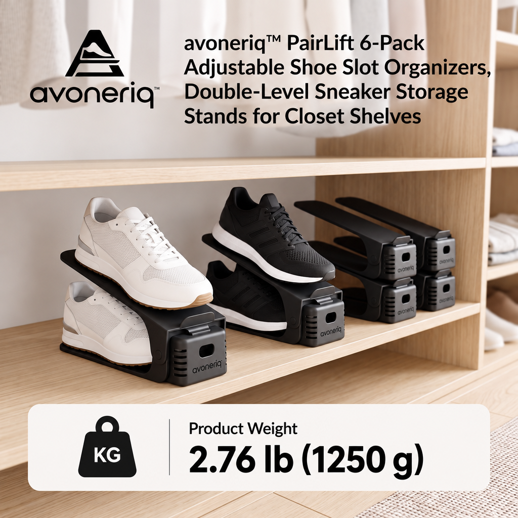avoneriq™ PairLift 6-Pack Adjustable Shoe Slot Organizers, Double-Level Sneaker Storage Stands for Closet Shelves