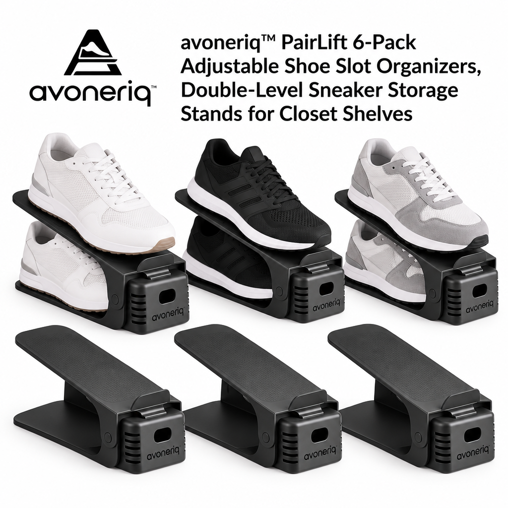 avoneriq™ PairLift 6-Pack Adjustable Shoe Slot Organizers, Double-Level Sneaker Storage Stands for Closet Shelves