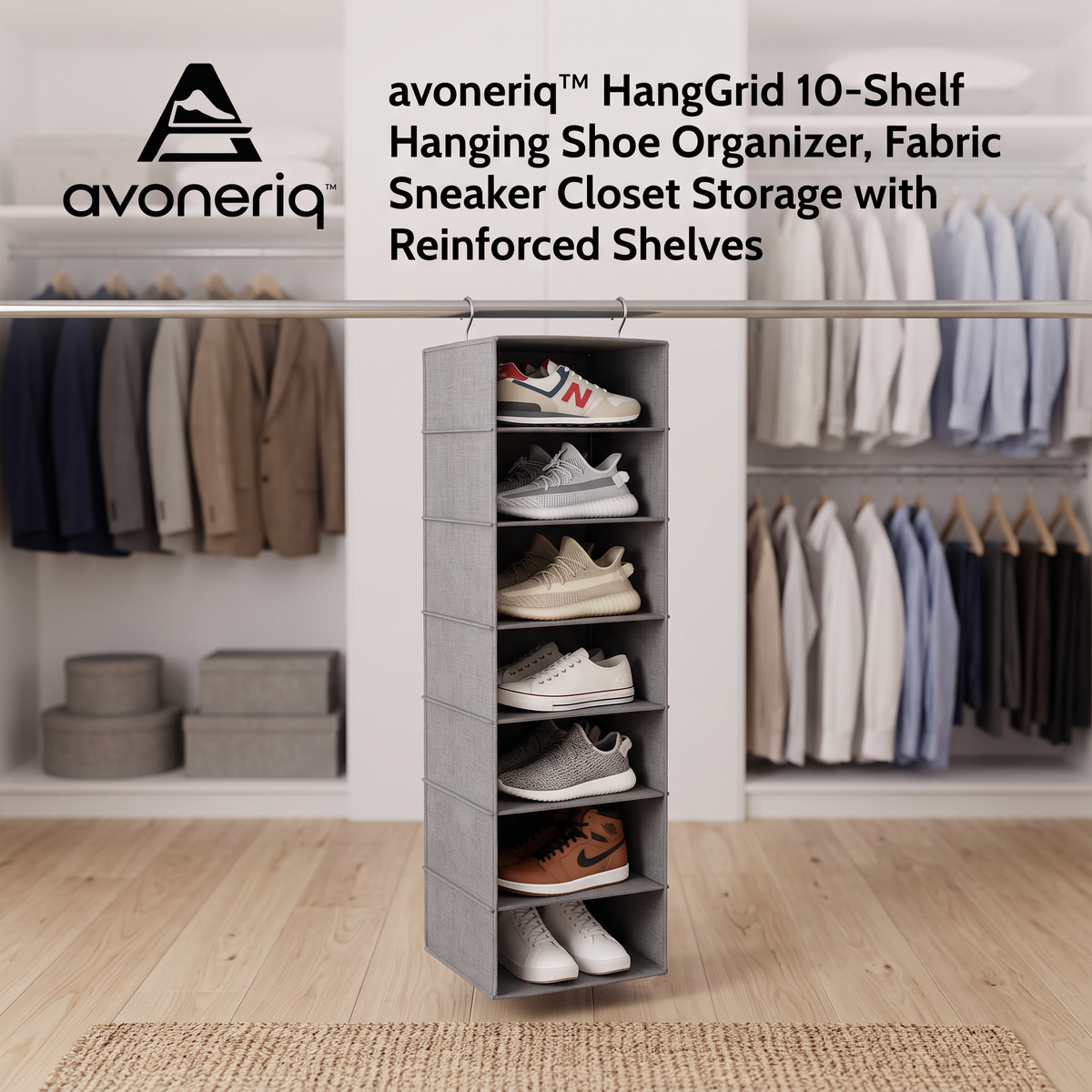 avoneriq™ HangGrid 10-Shelf Hanging Shoe Organizer, Fabric Sneaker Closet Storage with Reinforced Shelves