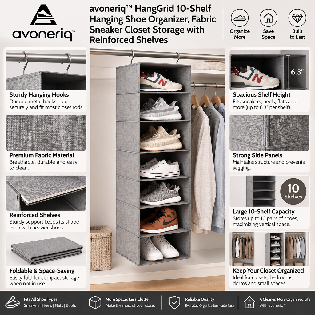 avoneriq™ HangGrid 10-Shelf Hanging Shoe Organizer, Fabric Sneaker Closet Storage with Reinforced Shelves