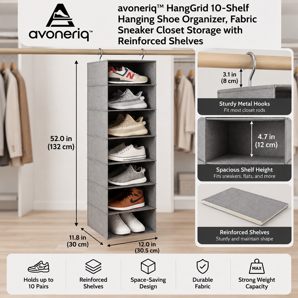 avoneriq™ HangGrid 10-Shelf Hanging Shoe Organizer, Fabric Sneaker Closet Storage with Reinforced Shelves