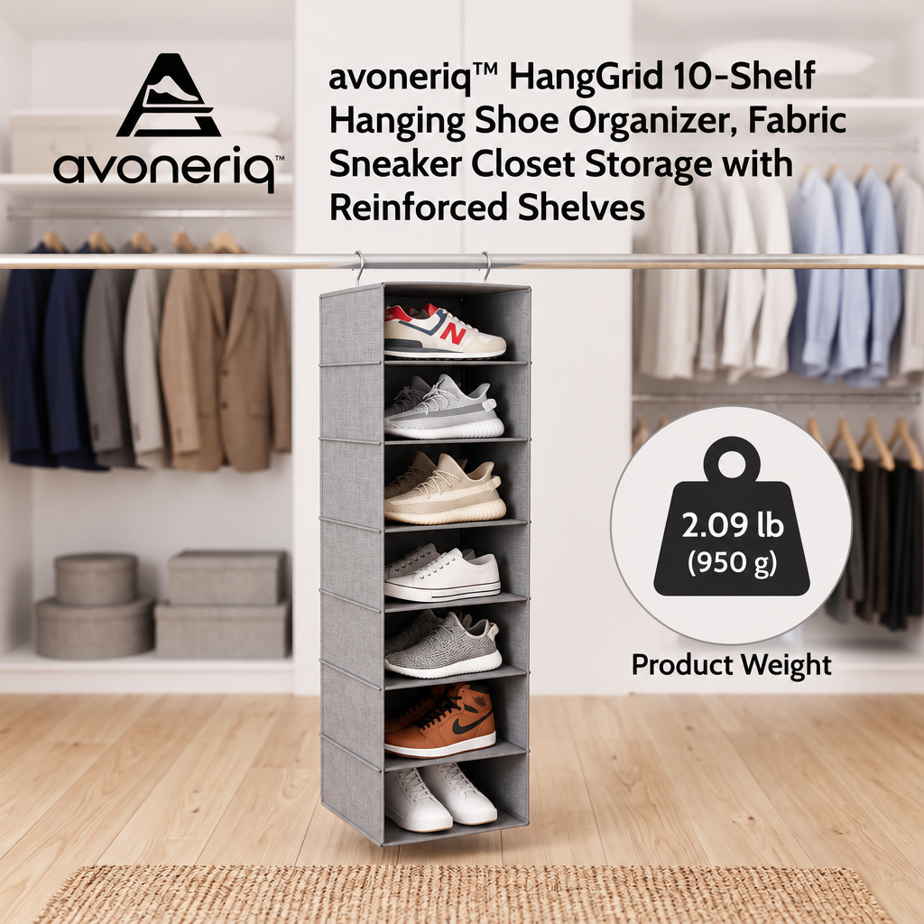avoneriq™ HangGrid 10-Shelf Hanging Shoe Organizer, Fabric Sneaker Closet Storage with Reinforced Shelves