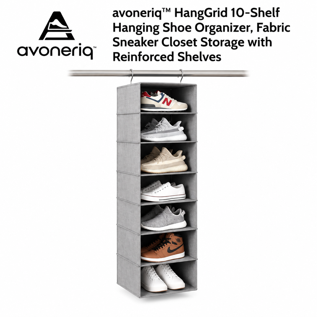 avoneriq™ HangGrid 10-Shelf Hanging Shoe Organizer, Fabric Sneaker Closet Storage with Reinforced Shelves