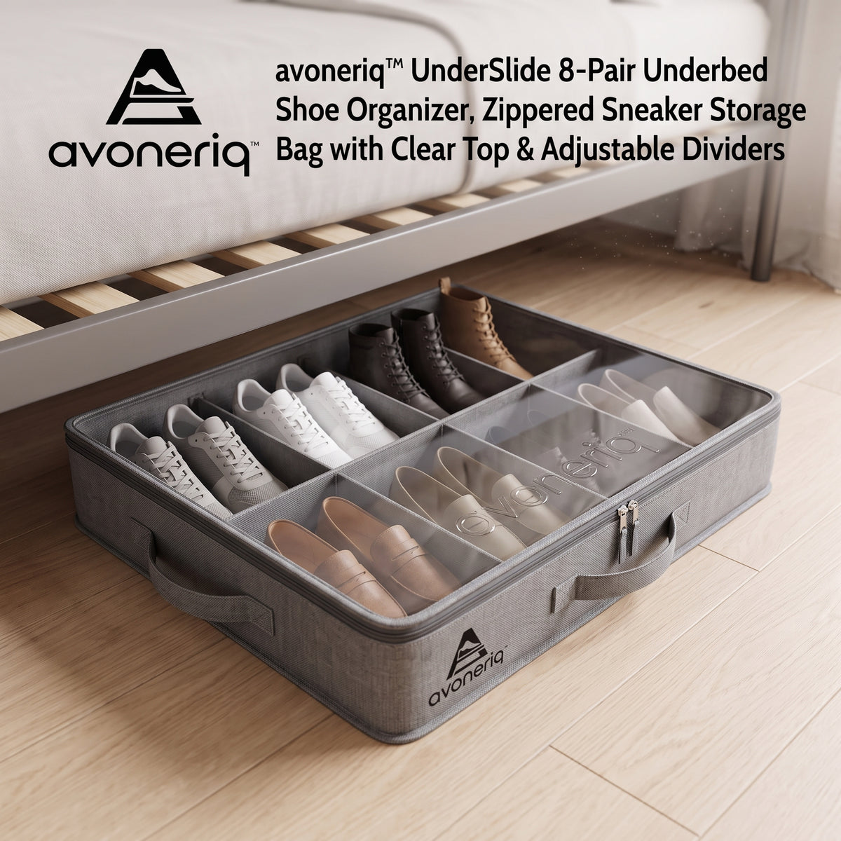 avoneriq™ UnderSlide 8-Pair Underbed Shoe Organizer, Zippered Sneaker Storage Bag with Clear Top & Adjustable Dividers