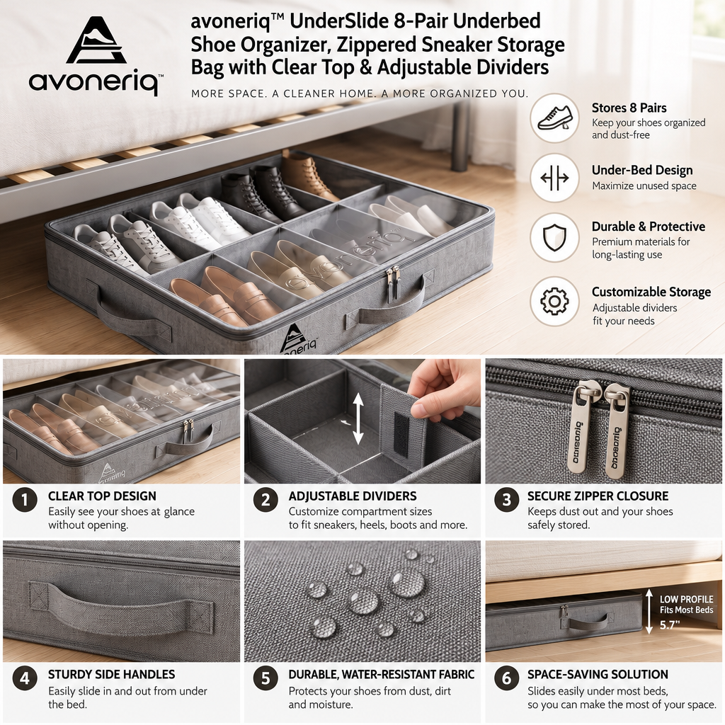 avoneriq™ UnderSlide 8-Pair Underbed Shoe Organizer, Zippered Sneaker Storage Bag with Clear Top & Adjustable Dividers