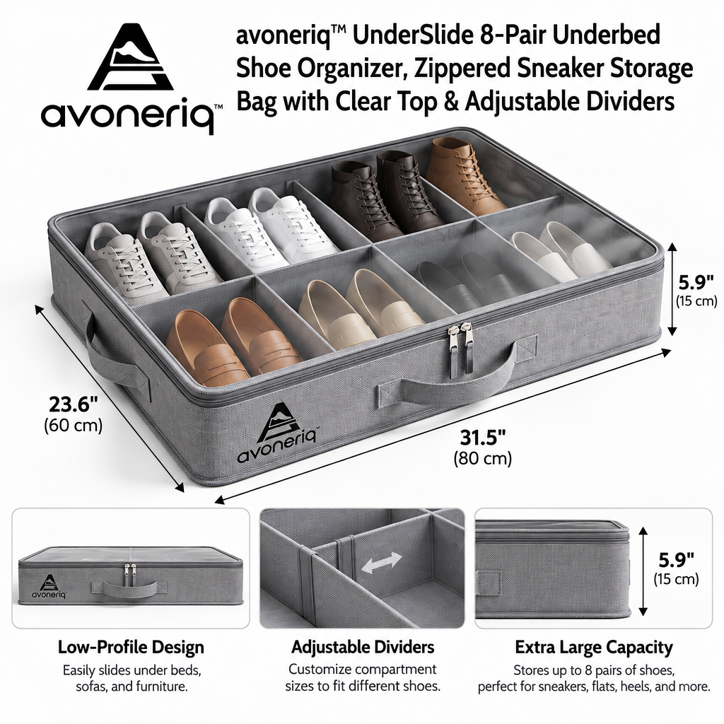 avoneriq™ UnderSlide 8-Pair Underbed Shoe Organizer, Zippered Sneaker Storage Bag with Clear Top & Adjustable Dividers