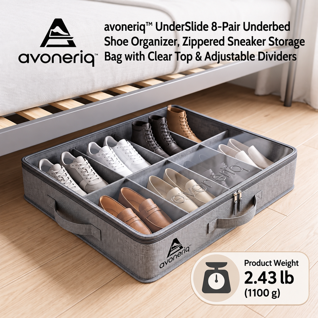 avoneriq™ UnderSlide 8-Pair Underbed Shoe Organizer, Zippered Sneaker Storage Bag with Clear Top & Adjustable Dividers
