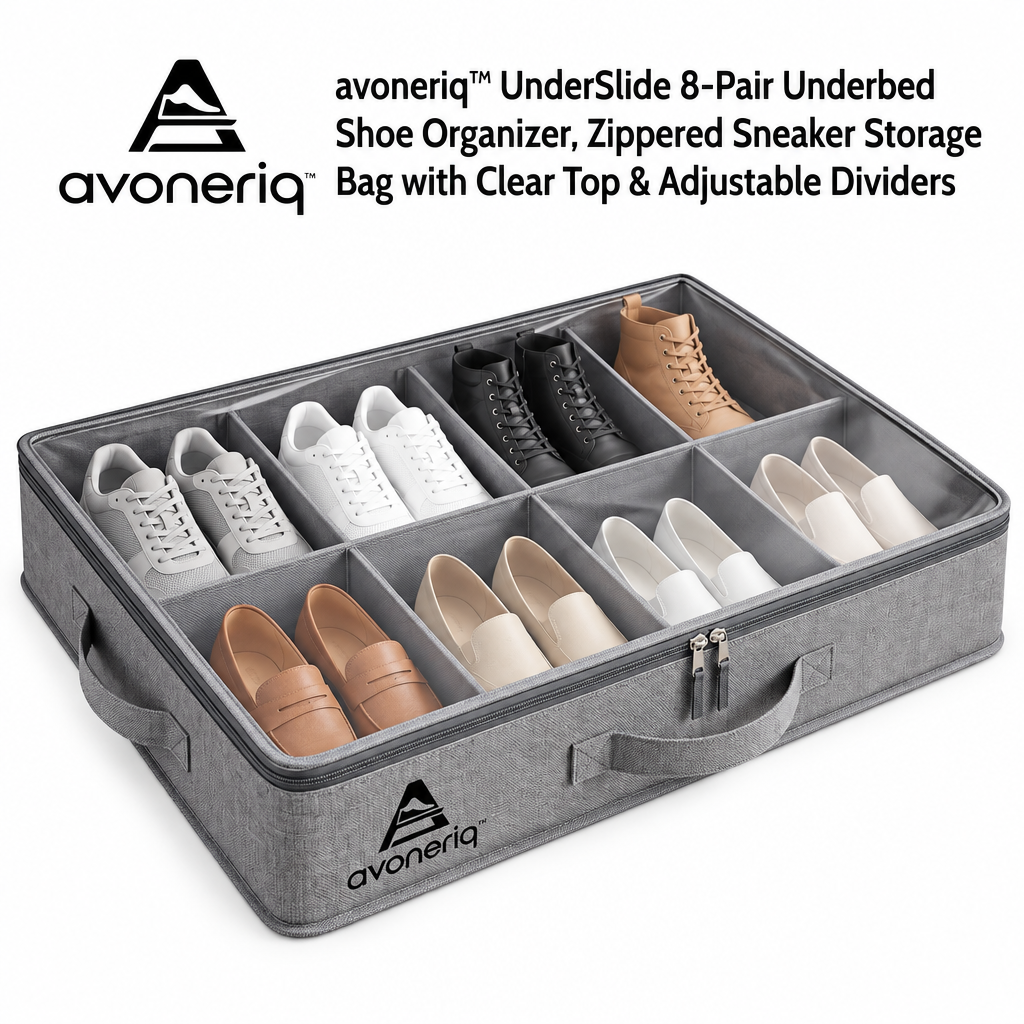 avoneriq™ UnderSlide 8-Pair Underbed Shoe Organizer, Zippered Sneaker Storage Bag with Clear Top & Adjustable Dividers