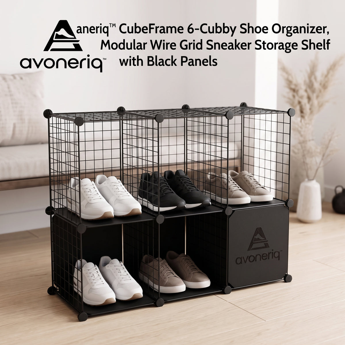 avoneriq™ CubeFrame 6-Cubby Shoe Organizer, Modular Wire Grid Sneaker Storage Shelf with Black Panels
